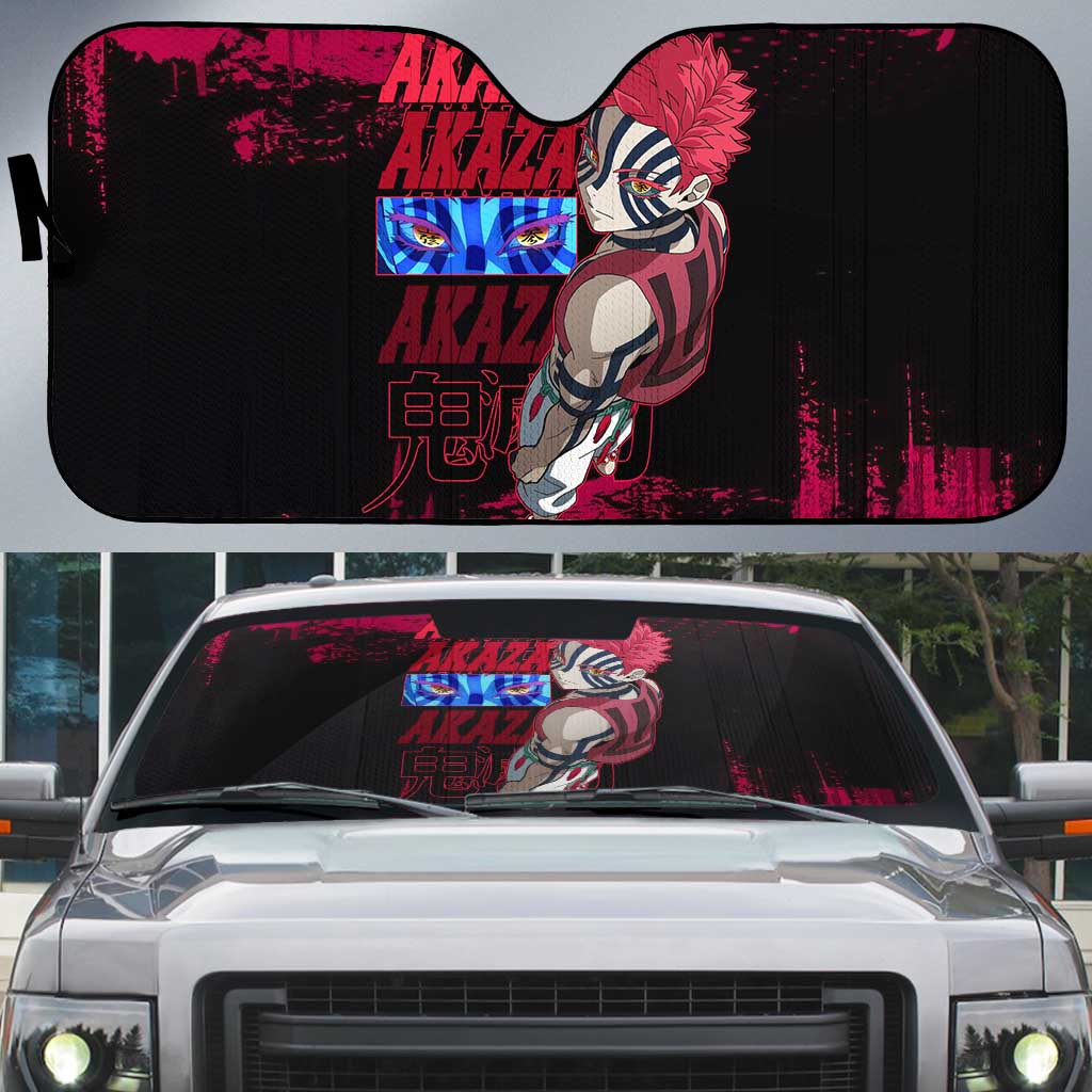 Akaza Demon Slayer Intense Eyes Design Auto Sun Shade with Red and Black Grunge Aesthetic and Dynamic Pose - The Mazicc