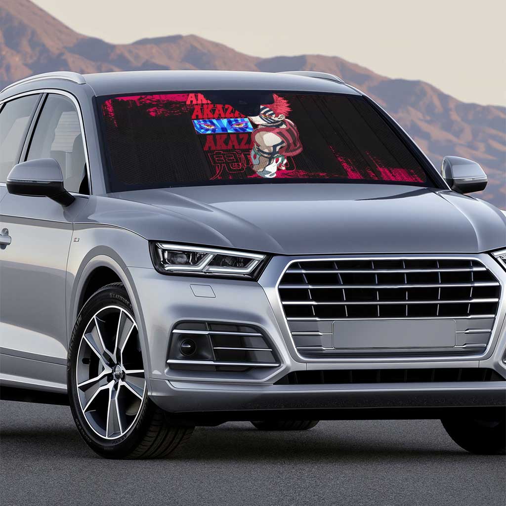 Akaza Demon Slayer Intense Eyes Design Auto Sun Shade with Red and Black Grunge Aesthetic and Dynamic Pose - The Mazicc