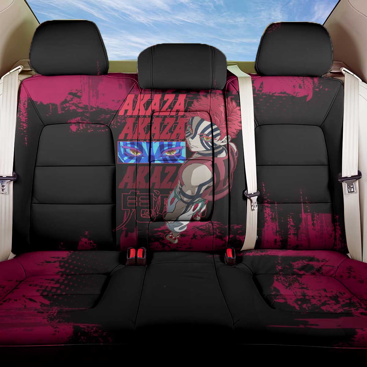 Akaza Demon Slayer Intense Eyes Design Back Car Seat Cover with Red and Black Grunge Aesthetic and Dynamic Pose - The Mazicc