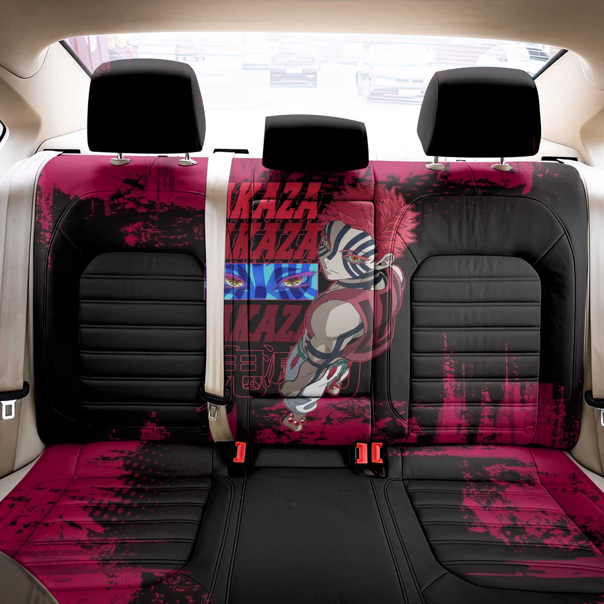 Akaza Demon Slayer Intense Eyes Design Back Car Seat Cover with Red and Black Grunge Aesthetic and Dynamic Pose - The Mazicc
