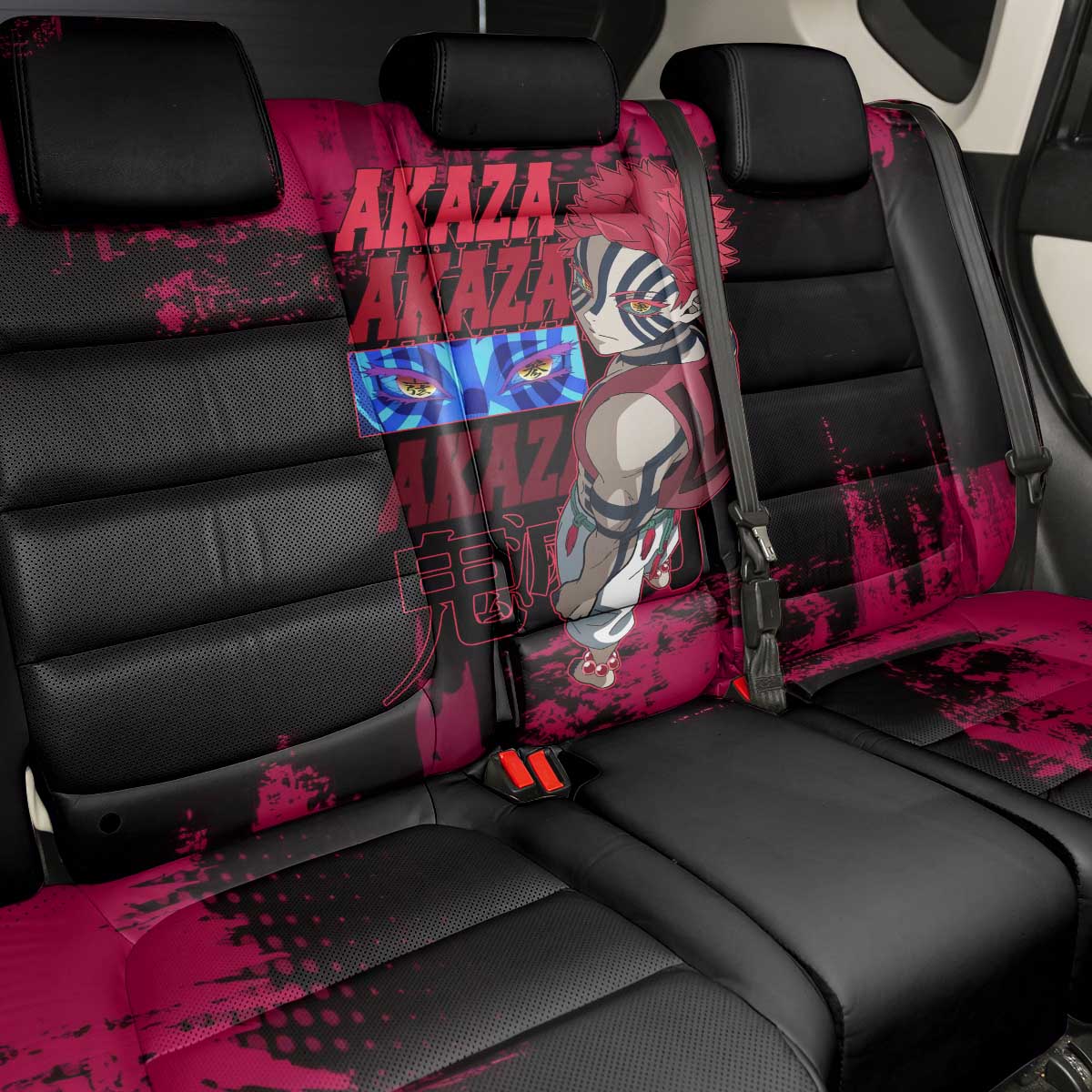 Akaza Demon Slayer Intense Eyes Design Back Car Seat Cover with Red and Black Grunge Aesthetic and Dynamic Pose - The Mazicc