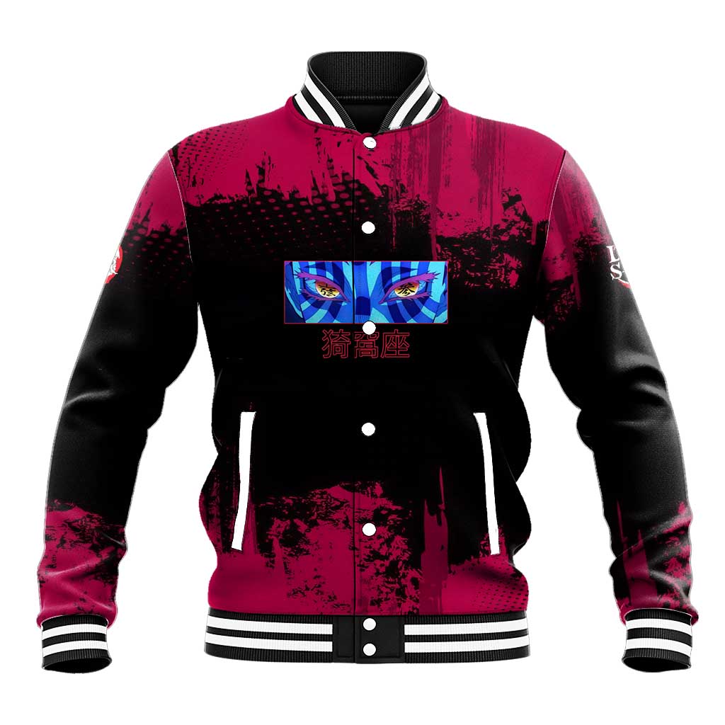 Akaza Demon Slayer Intense Eyes Design Baseball Jacket with Red and Black Grunge Aesthetic and Dynamic Pose - The Mazicc