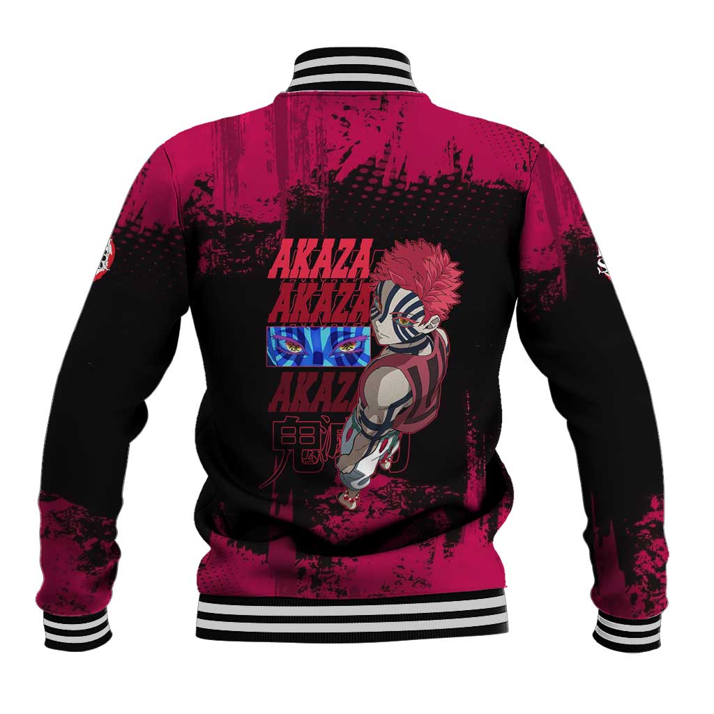 Akaza Demon Slayer Intense Eyes Design Baseball Jacket with Red and Black Grunge Aesthetic and Dynamic Pose - The Mazicc