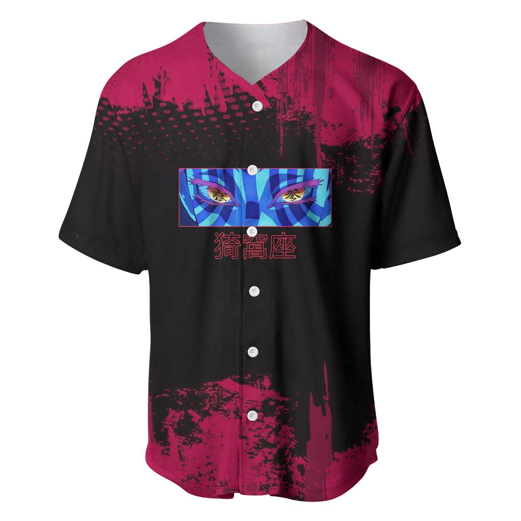 Akaza Demon Slayer Intense Eyes Design Baseball Jersey with Red and Black Grunge Aesthetic and Dynamic Pose - The Mazicc
