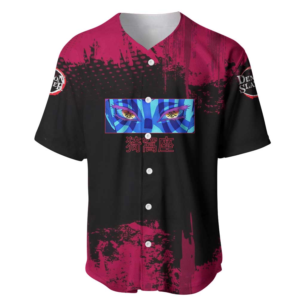 Akaza Demon Slayer Intense Eyes Design Baseball Jersey with Red and Black Grunge Aesthetic and Dynamic Pose - The Mazicc
