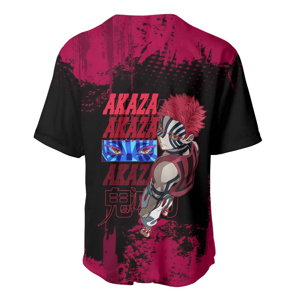 Akaza Demon Slayer Intense Eyes Design Baseball Jersey with Red and Black Grunge Aesthetic and Dynamic Pose - The Mazicc