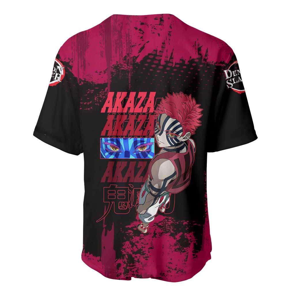 Akaza Demon Slayer Intense Eyes Design Baseball Jersey with Red and Black Grunge Aesthetic and Dynamic Pose - The Mazicc