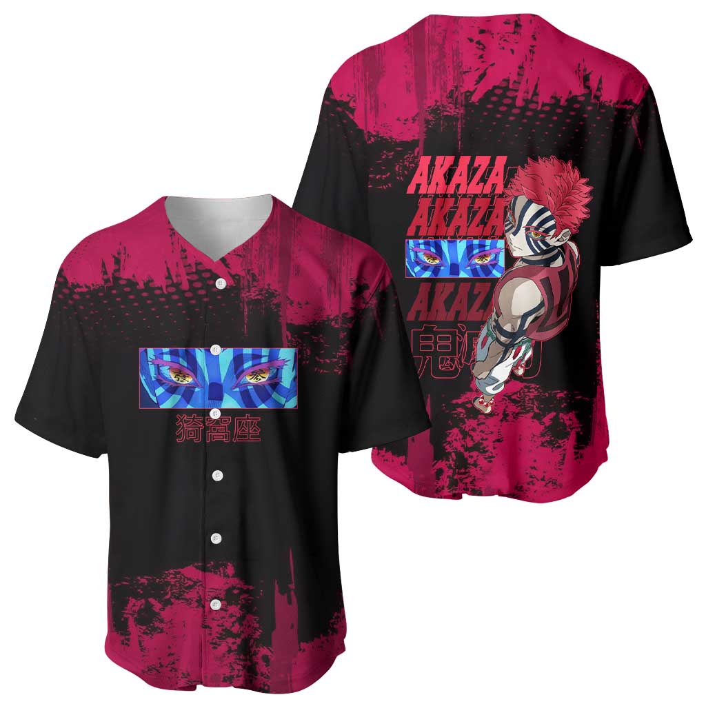 Akaza Demon Slayer Intense Eyes Design Baseball Jersey with Red and Black Grunge Aesthetic and Dynamic Pose - The Mazicc