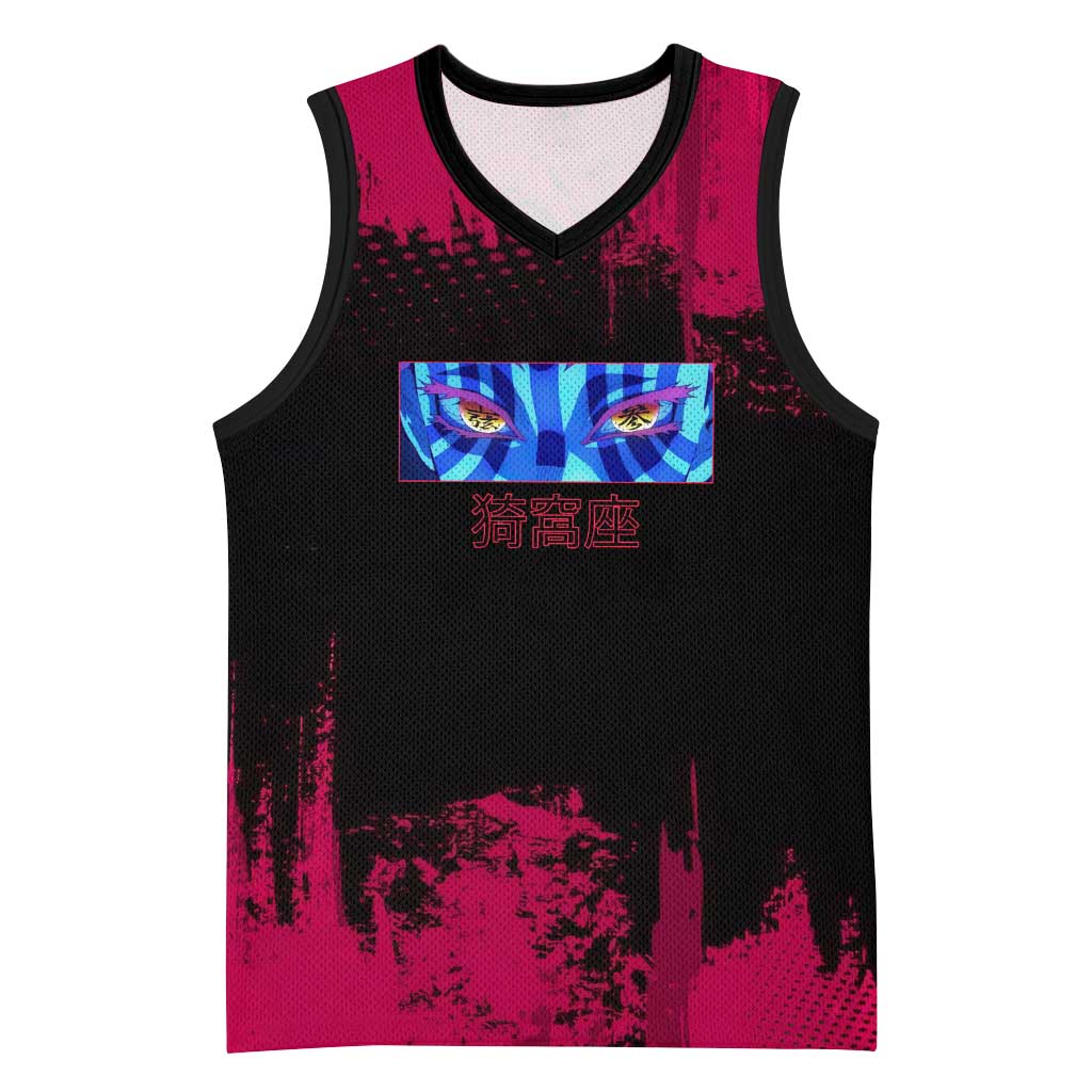Akaza Demon Slayer Intense Eyes Design Basketball Jersey with Red and Black Grunge Aesthetic and Dynamic Pose - The Mazicc