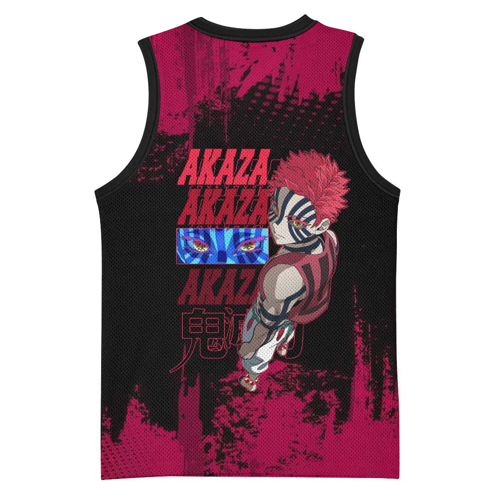 Akaza Demon Slayer Intense Eyes Design Basketball Jersey with Red and Black Grunge Aesthetic and Dynamic Pose - The Mazicc