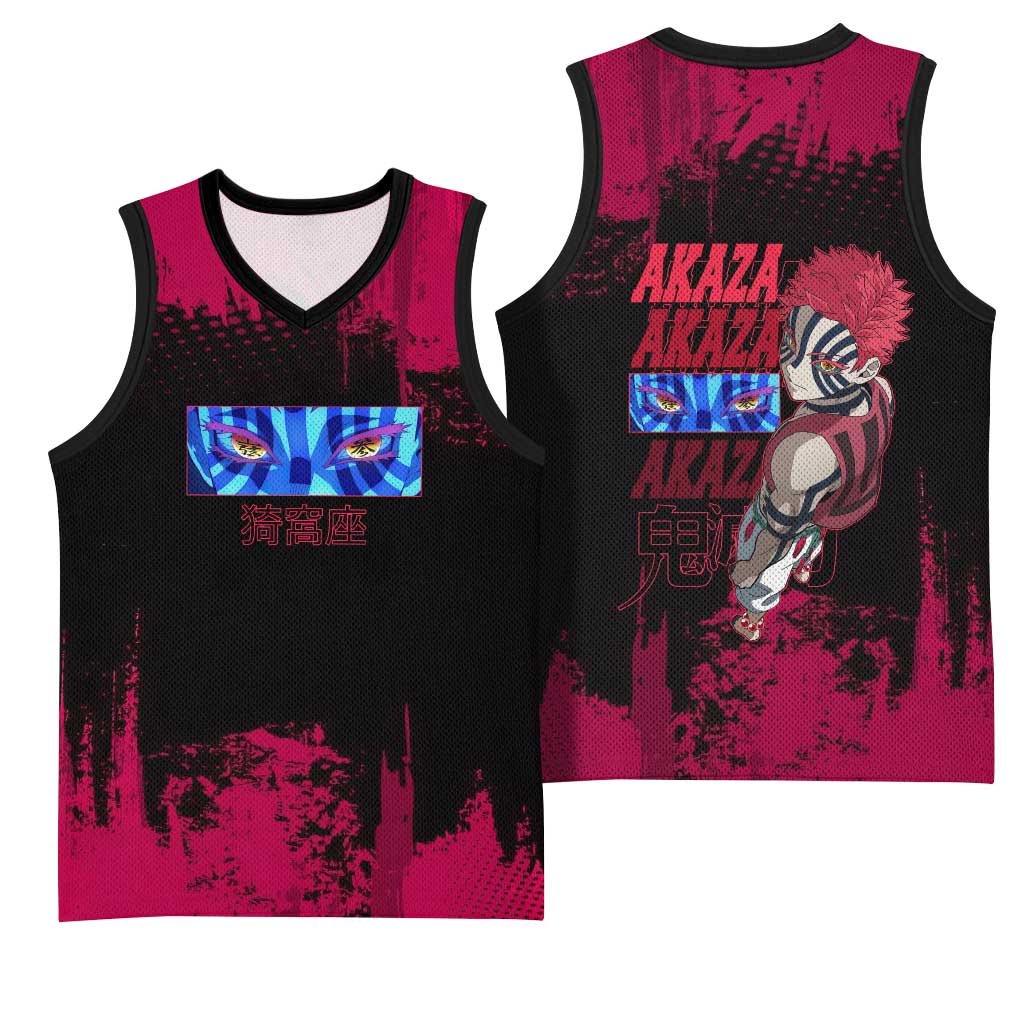 Akaza Demon Slayer Intense Eyes Design Basketball Jersey with Red and Black Grunge Aesthetic and Dynamic Pose - The Mazicc