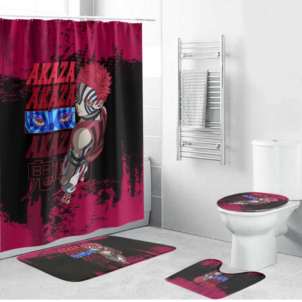 Akaza Demon Slayer Intense Eyes Design Bathroom Set with Red and Black Grunge Aesthetic and Dynamic Pose - The Mazicc