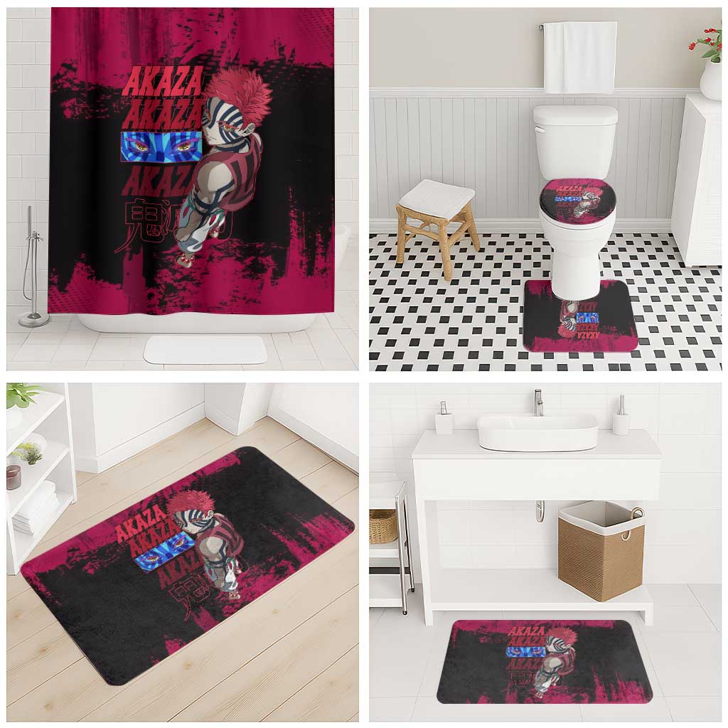 Akaza Demon Slayer Intense Eyes Design Bathroom Set with Red and Black Grunge Aesthetic and Dynamic Pose - The Mazicc