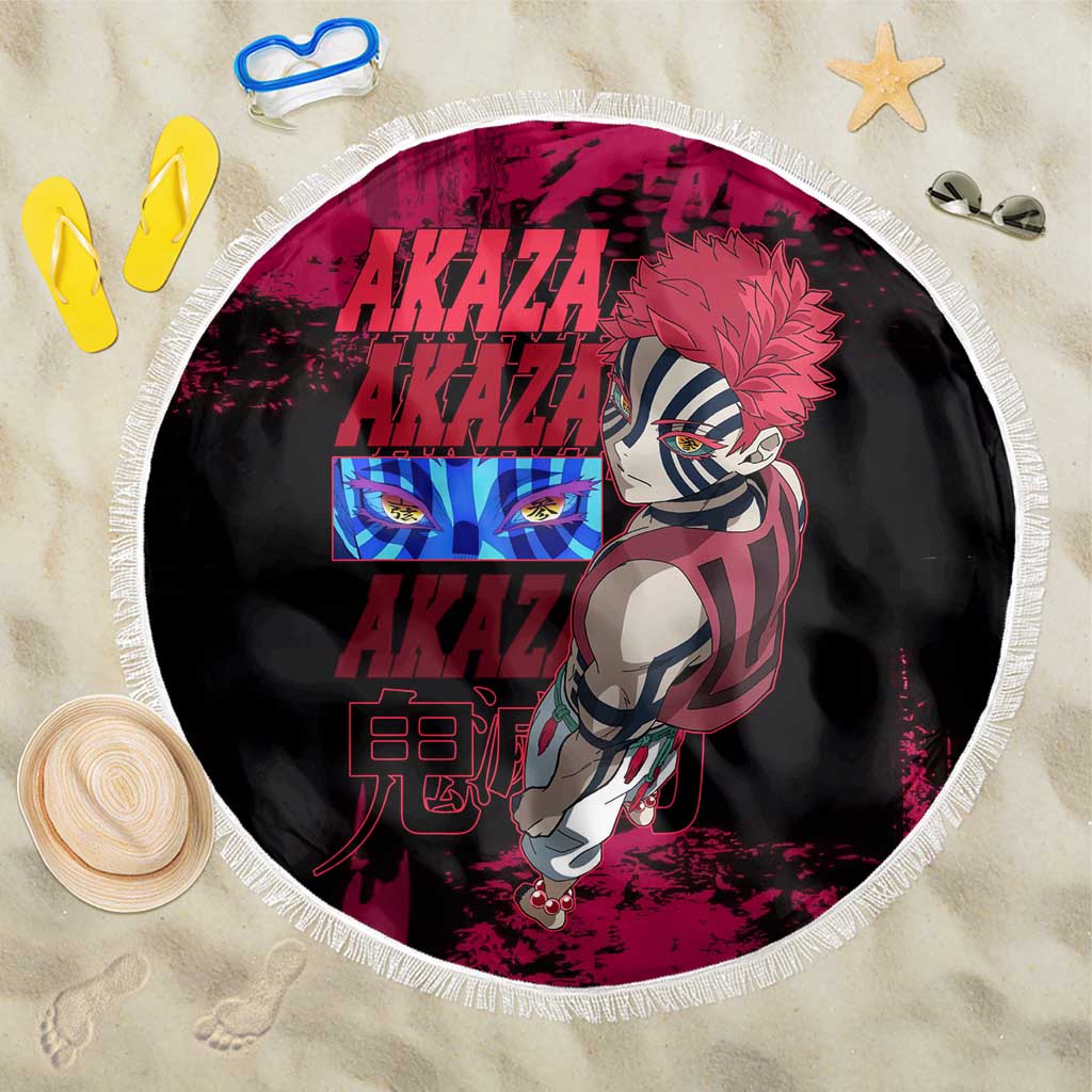 Akaza Demon Slayer Intense Eyes Design Beach Blanket with Red and Black Grunge Aesthetic and Dynamic Pose - The Mazicc