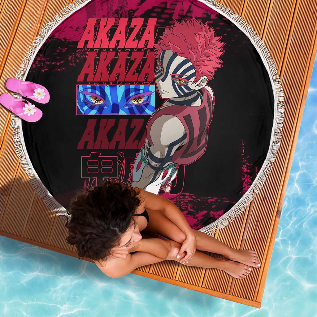 Akaza Demon Slayer Intense Eyes Design Beach Blanket with Red and Black Grunge Aesthetic and Dynamic Pose - The Mazicc