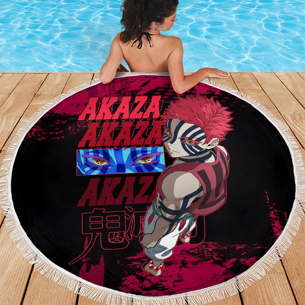 Akaza Demon Slayer Intense Eyes Design Beach Blanket with Red and Black Grunge Aesthetic and Dynamic Pose - The Mazicc