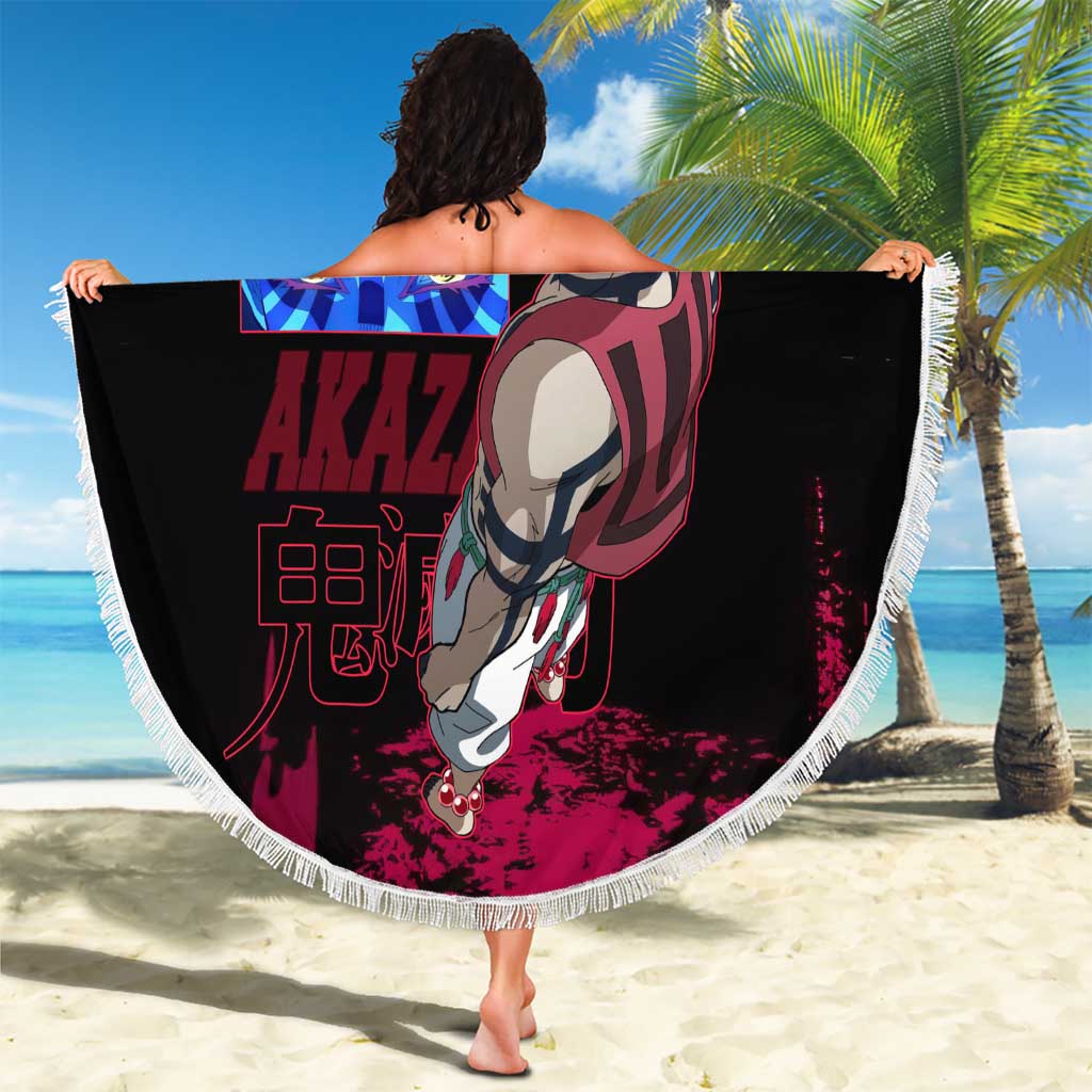 Akaza Demon Slayer Intense Eyes Design Beach Blanket with Red and Black Grunge Aesthetic and Dynamic Pose - The Mazicc