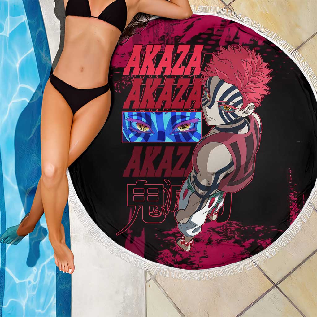 Akaza Demon Slayer Intense Eyes Design Beach Blanket with Red and Black Grunge Aesthetic and Dynamic Pose - The Mazicc