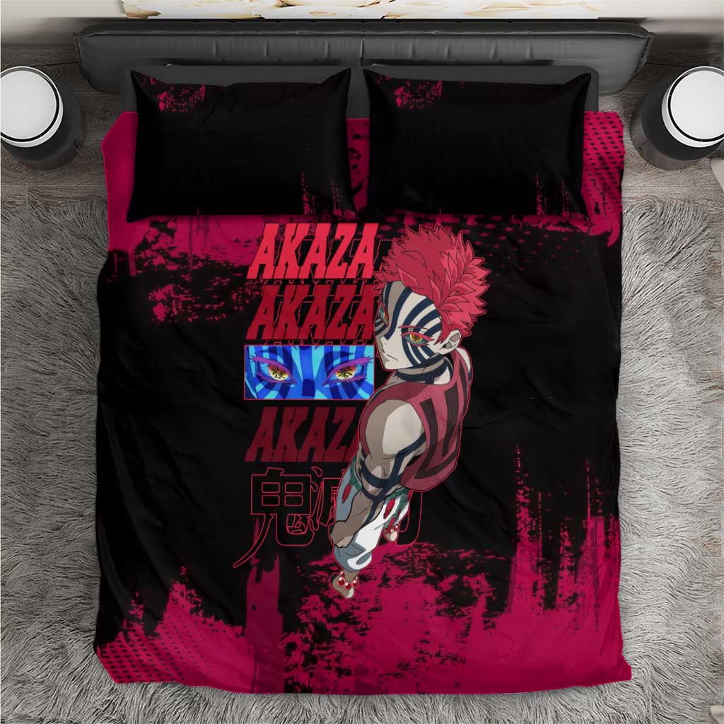 Akaza Demon Slayer Intense Eyes Design Bedding Set with Red and Black Grunge Aesthetic and Dynamic Pose - The Mazicc