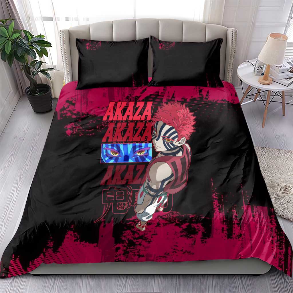 Akaza Demon Slayer Intense Eyes Design Bedding Set with Red and Black Grunge Aesthetic and Dynamic Pose - The Mazicc