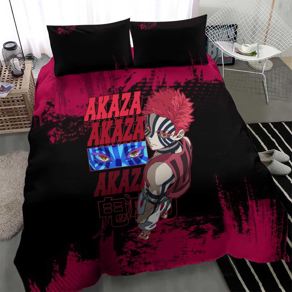 Akaza Demon Slayer Intense Eyes Design Bedding Set with Red and Black Grunge Aesthetic and Dynamic Pose - The Mazicc