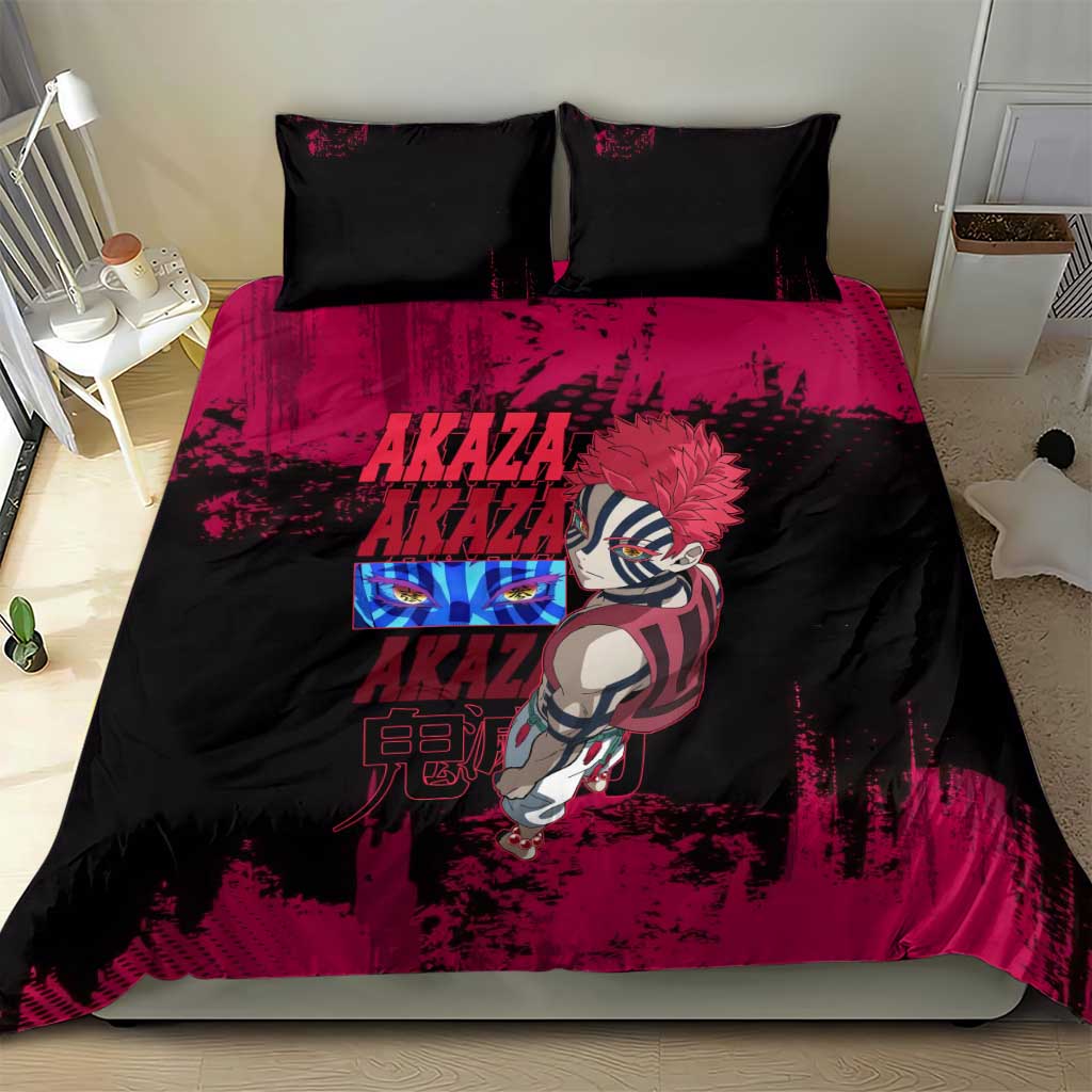 Akaza Demon Slayer Intense Eyes Design Bedding Set with Red and Black Grunge Aesthetic and Dynamic Pose - The Mazicc