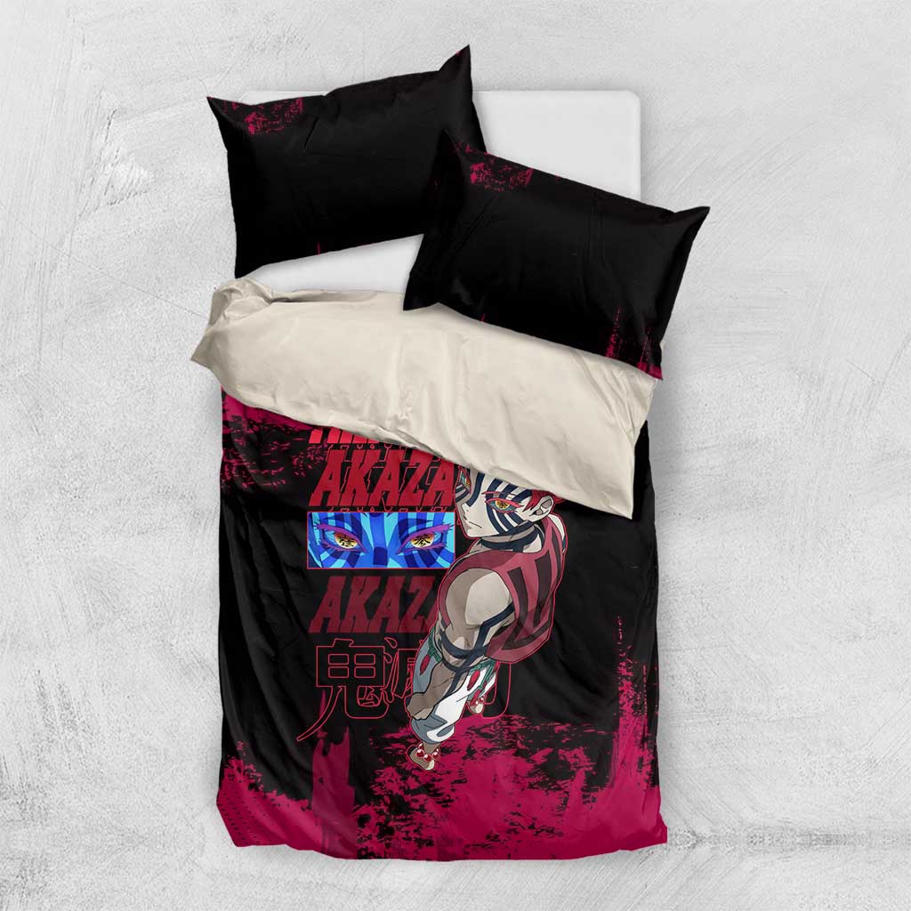 Akaza Demon Slayer Intense Eyes Design Bedding Set with Red and Black Grunge Aesthetic and Dynamic Pose - The Mazicc