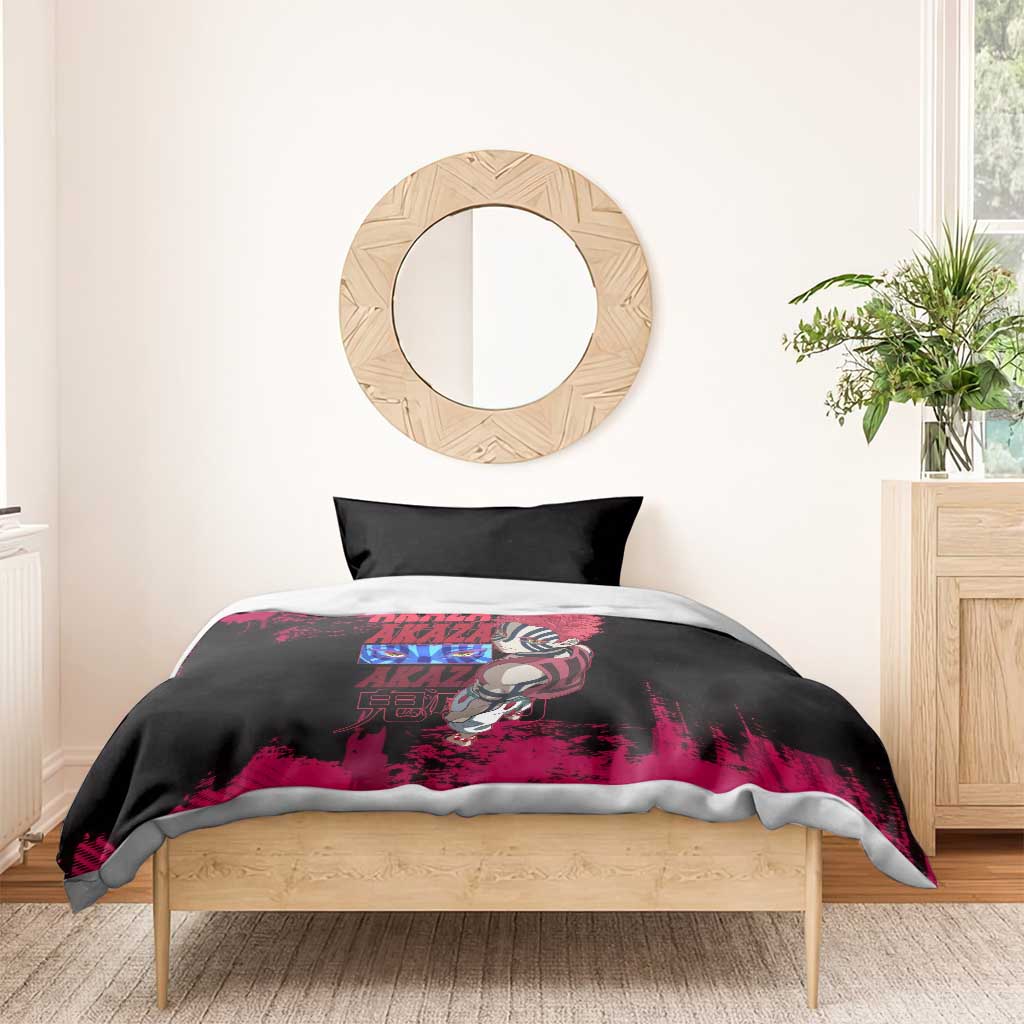 Akaza Demon Slayer Intense Eyes Design Bedding Set with Red and Black Grunge Aesthetic and Dynamic Pose - The Mazicc