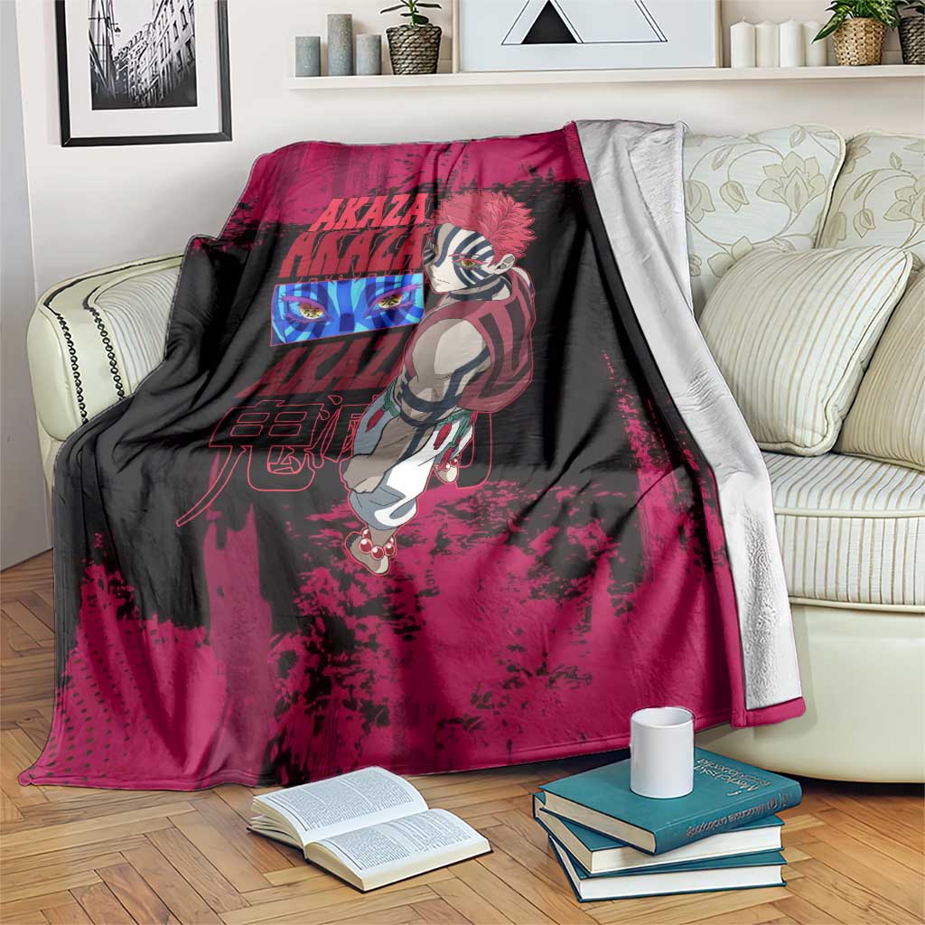 Akaza Demon Slayer Intense Eyes Design Blanket with Red and Black Grunge Aesthetic and Dynamic Pose - The Mazicc