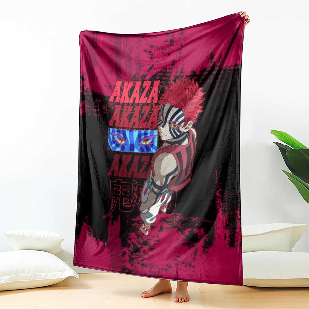 Akaza Demon Slayer Intense Eyes Design Blanket with Red and Black Grunge Aesthetic and Dynamic Pose - The Mazicc
