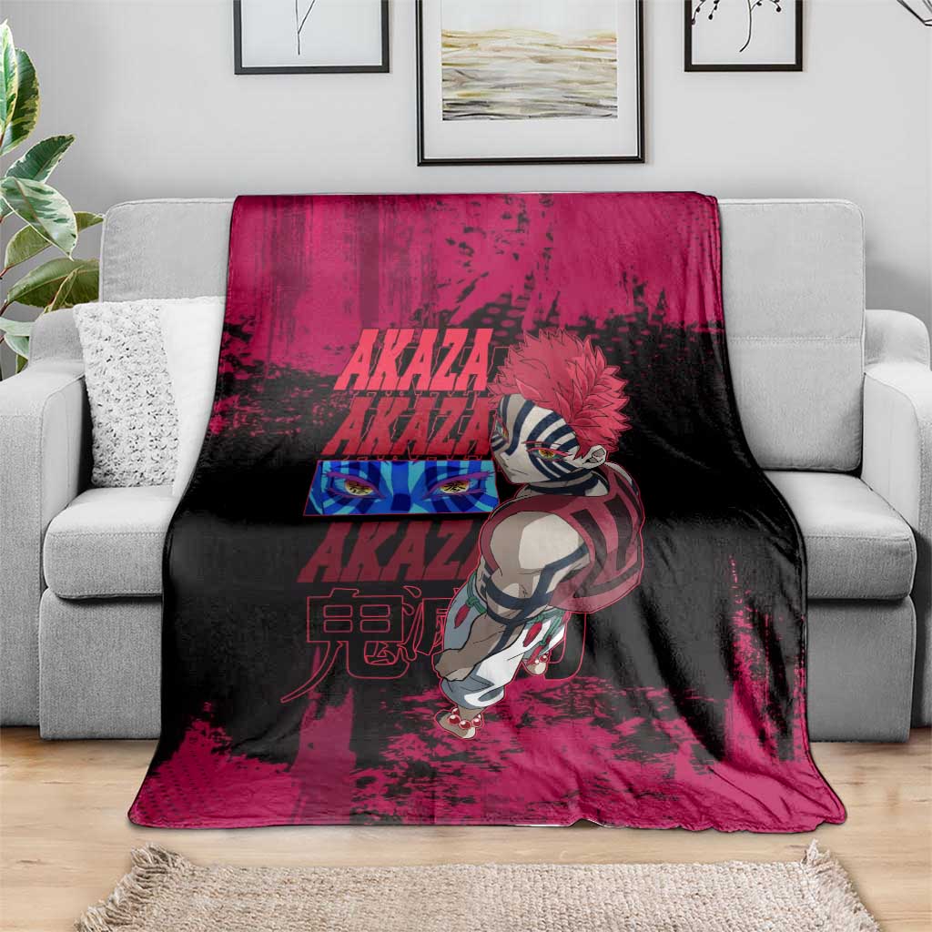 Akaza Demon Slayer Intense Eyes Design Blanket with Red and Black Grunge Aesthetic and Dynamic Pose - The Mazicc