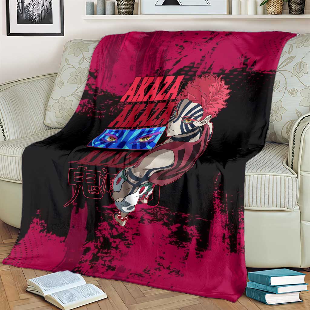Akaza Demon Slayer Intense Eyes Design Blanket with Red and Black Grunge Aesthetic and Dynamic Pose - The Mazicc