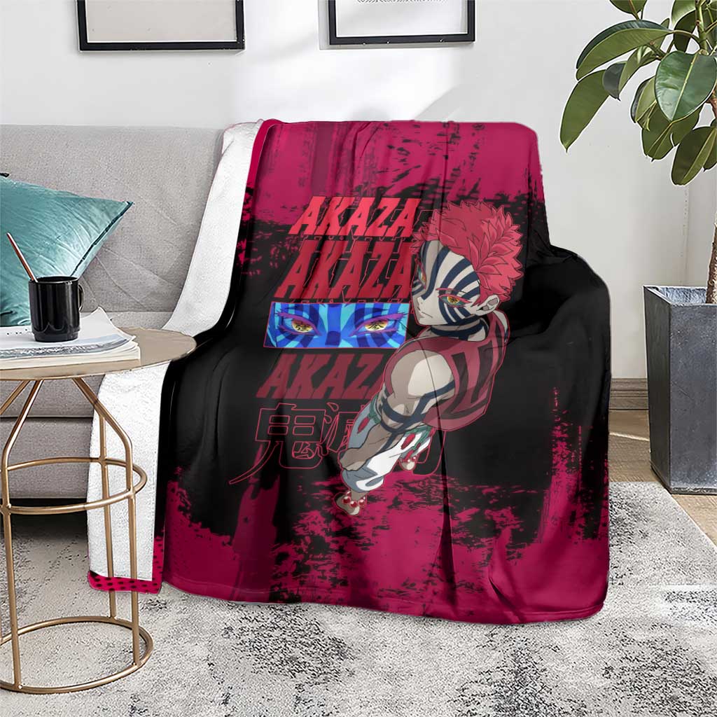 Akaza Demon Slayer Intense Eyes Design Blanket with Red and Black Grunge Aesthetic and Dynamic Pose - The Mazicc