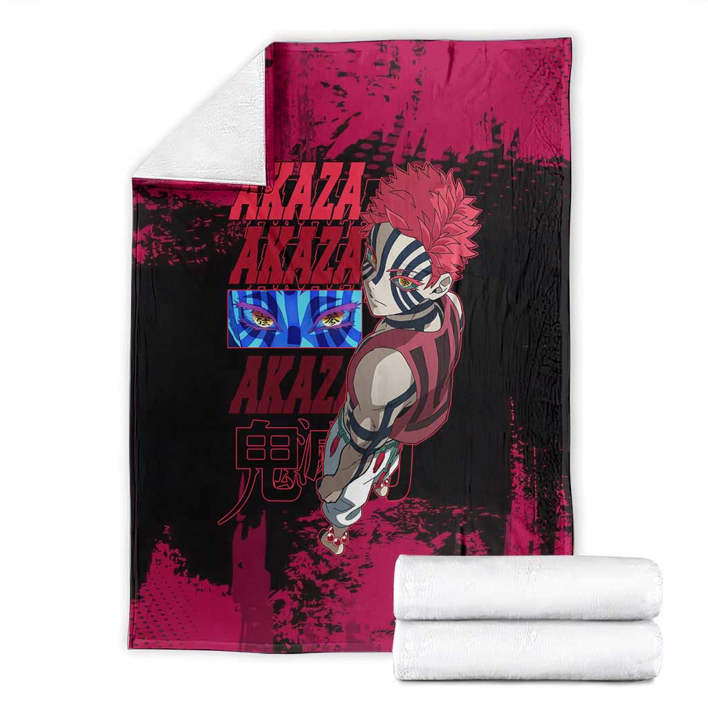 Akaza Demon Slayer Intense Eyes Design Blanket with Red and Black Grunge Aesthetic and Dynamic Pose - The Mazicc
