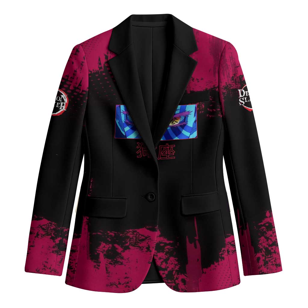 Akaza Demon Slayer Intense Eyes Design Blazer with Red and Black Grunge Aesthetic and Dynamic Pose - The Mazicc