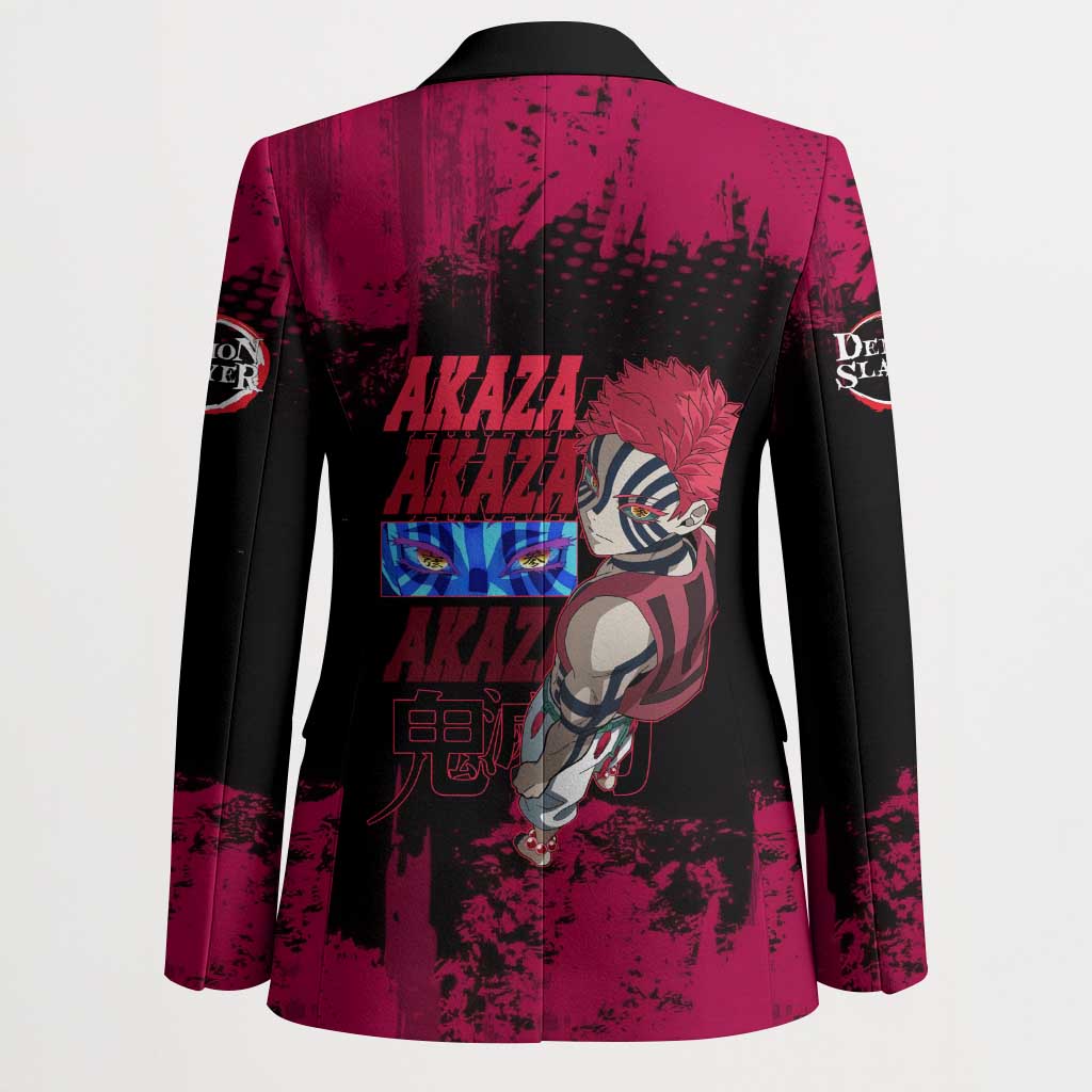 Akaza Demon Slayer Intense Eyes Design Blazer with Red and Black Grunge Aesthetic and Dynamic Pose - The Mazicc