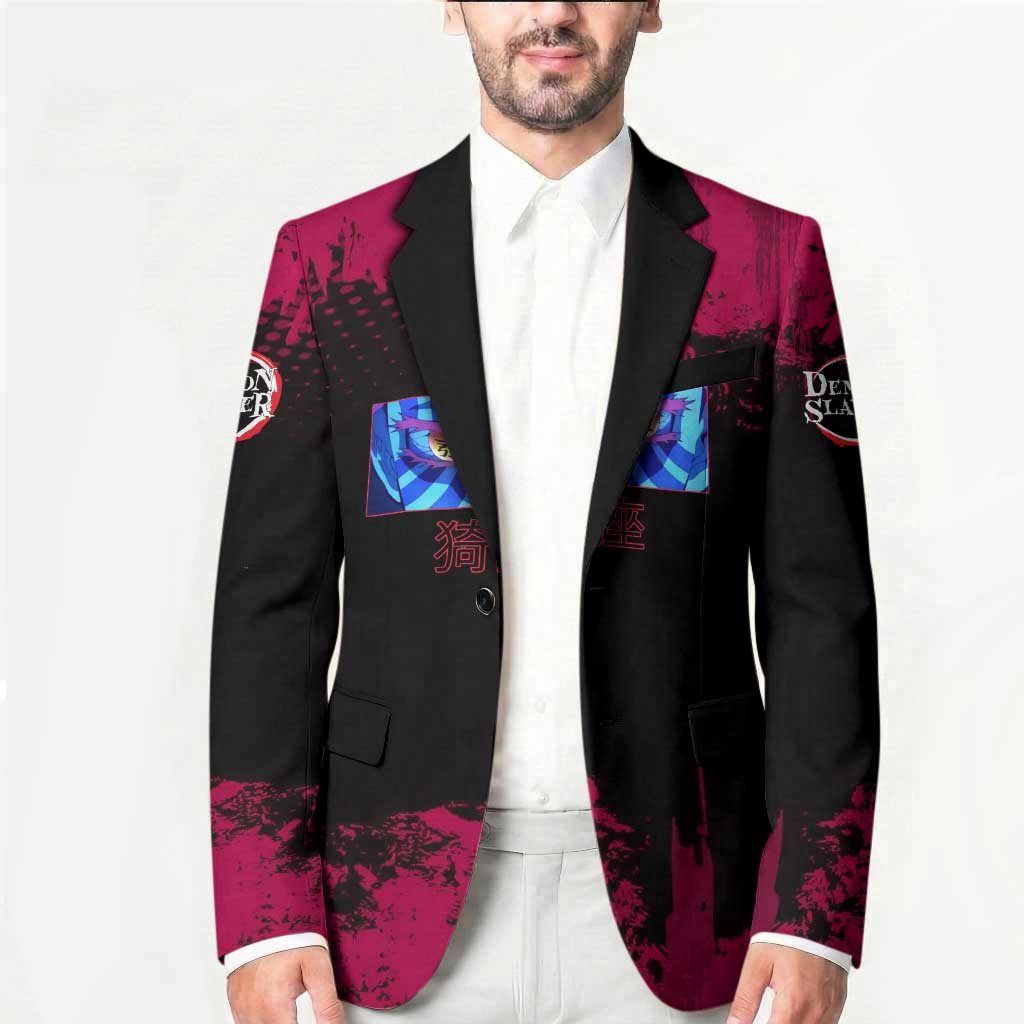 Akaza Demon Slayer Intense Eyes Design Blazer with Red and Black Grunge Aesthetic and Dynamic Pose - The Mazicc