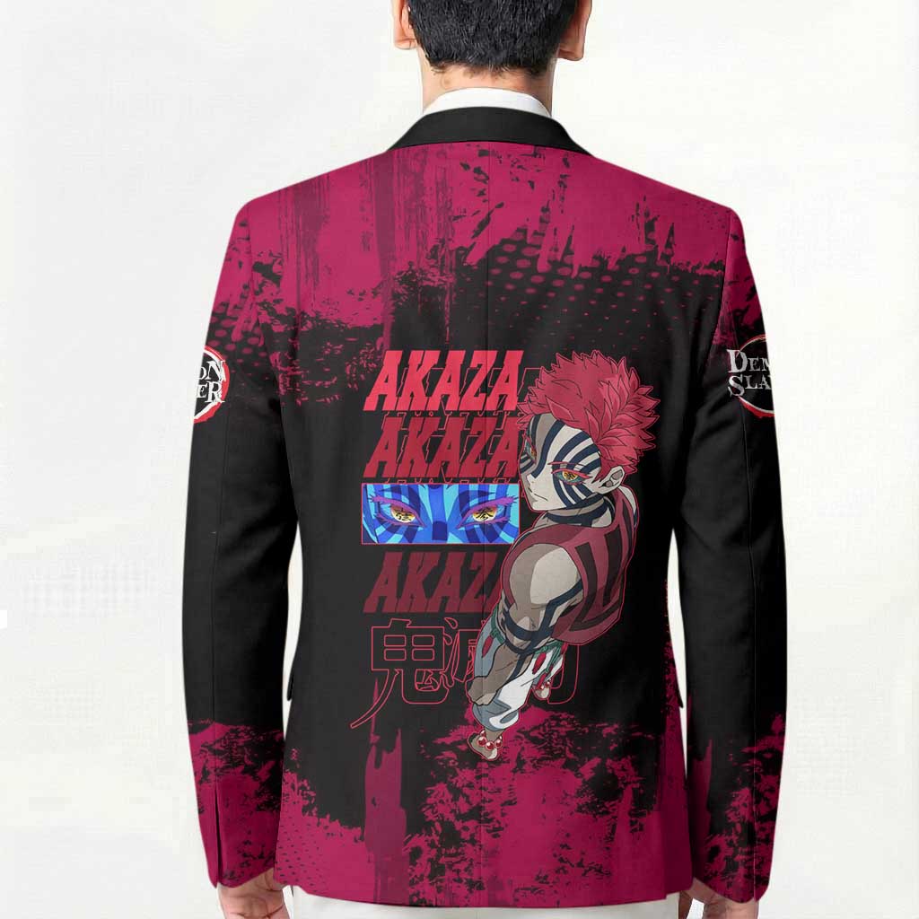 Akaza Demon Slayer Intense Eyes Design Blazer with Red and Black Grunge Aesthetic and Dynamic Pose - The Mazicc
