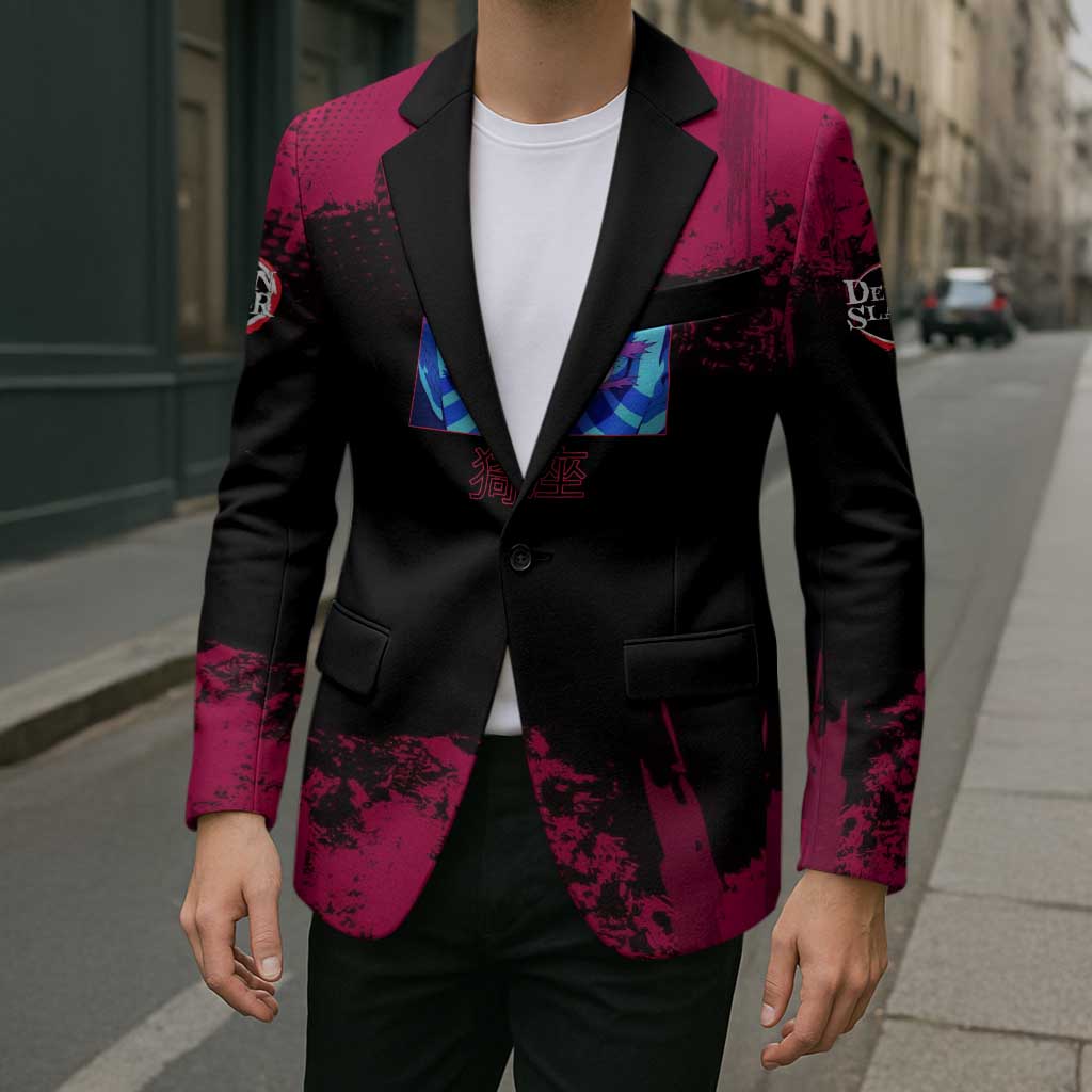 Akaza Demon Slayer Intense Eyes Design Blazer with Red and Black Grunge Aesthetic and Dynamic Pose - The Mazicc