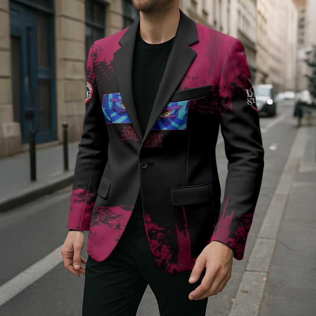 Akaza Demon Slayer Intense Eyes Design Blazer with Red and Black Grunge Aesthetic and Dynamic Pose - The Mazicc