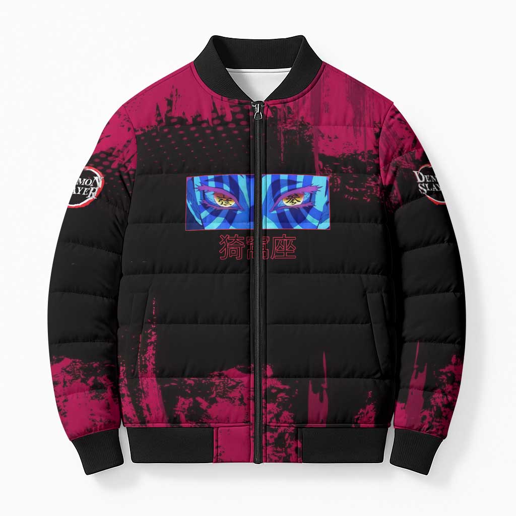 Akaza Demon Slayer Intense Eyes Design Bomber Puffer Jacket with Red and Black Grunge Aesthetic and Dynamic Pose - The Mazicc