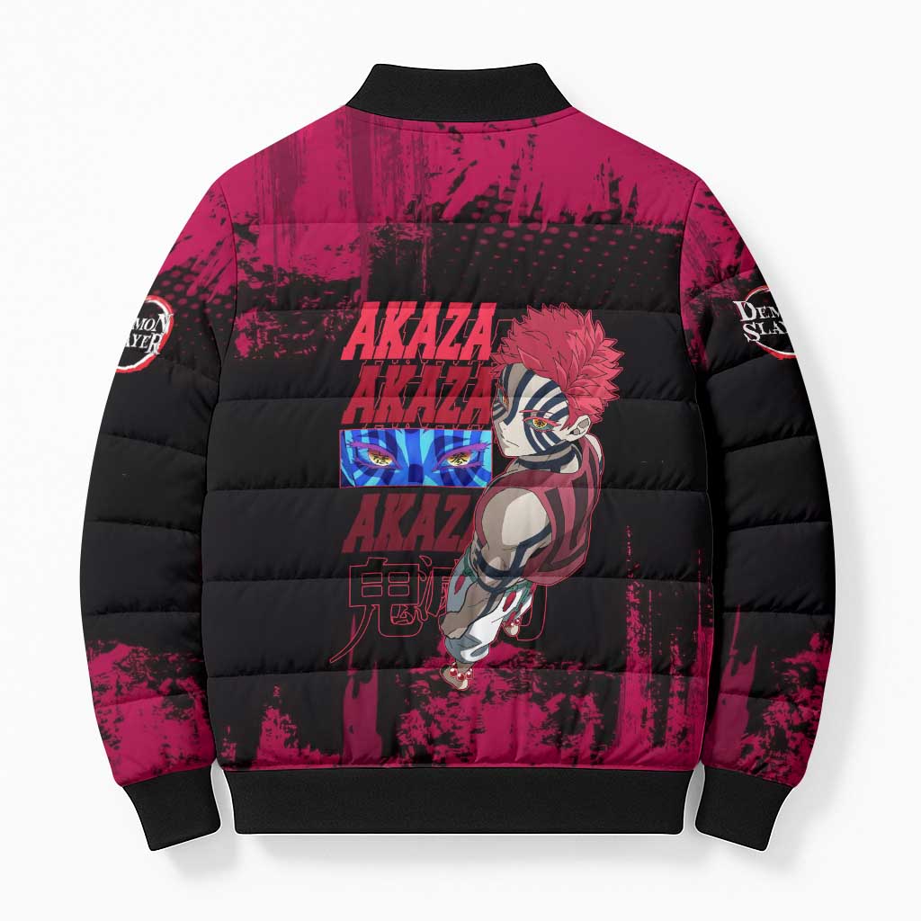 Akaza Demon Slayer Intense Eyes Design Bomber Puffer Jacket with Red and Black Grunge Aesthetic and Dynamic Pose - The Mazicc