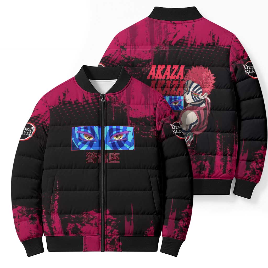 Akaza Demon Slayer Intense Eyes Design Bomber Puffer Jacket with Red and Black Grunge Aesthetic and Dynamic Pose - The Mazicc