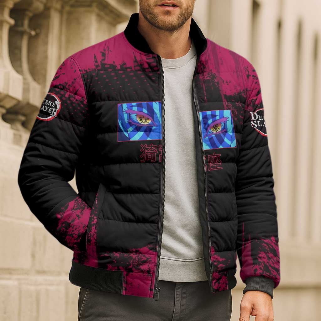 Akaza Demon Slayer Intense Eyes Design Bomber Puffer Jacket with Red and Black Grunge Aesthetic and Dynamic Pose - The Mazicc