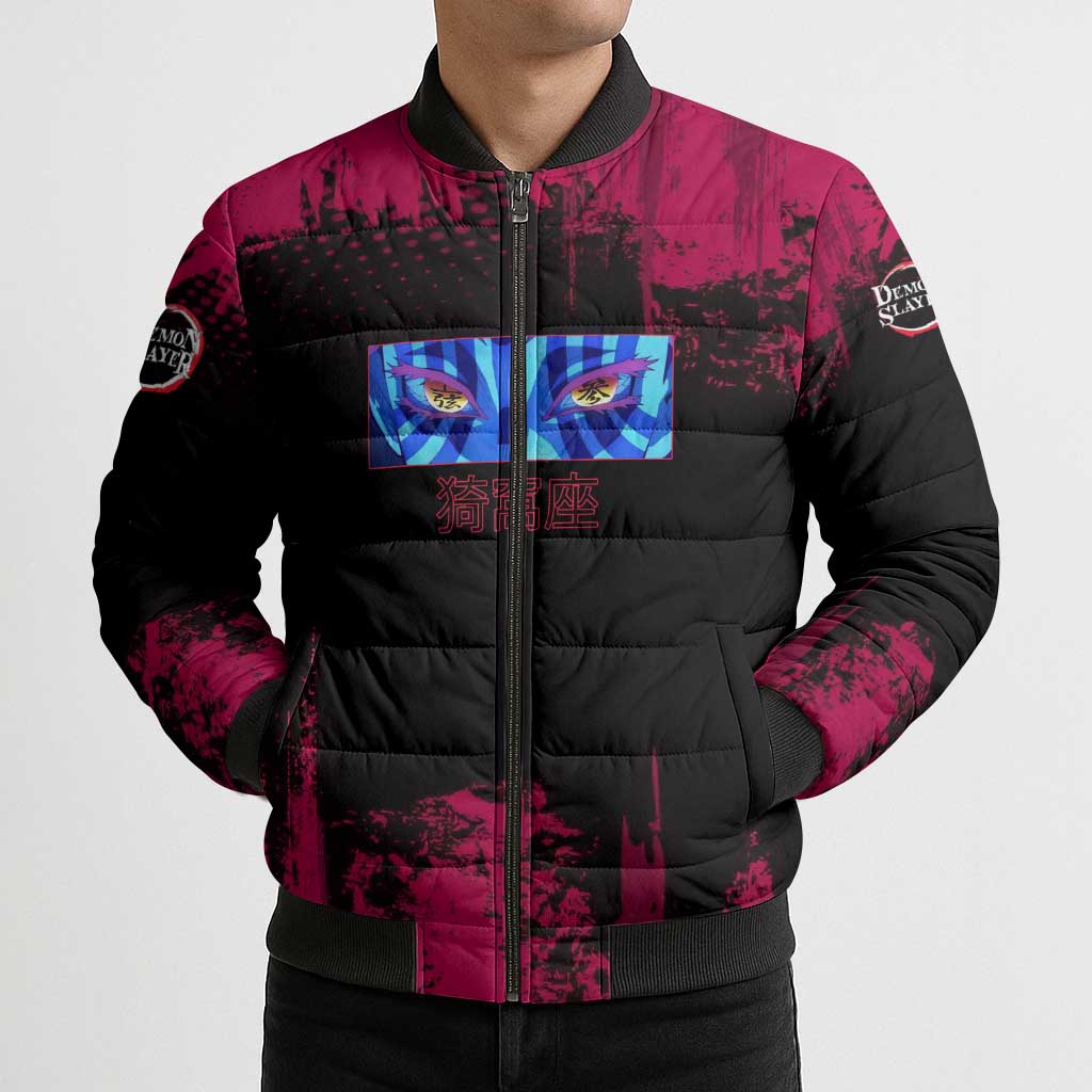Akaza Demon Slayer Intense Eyes Design Bomber Puffer Jacket with Red and Black Grunge Aesthetic and Dynamic Pose - The Mazicc
