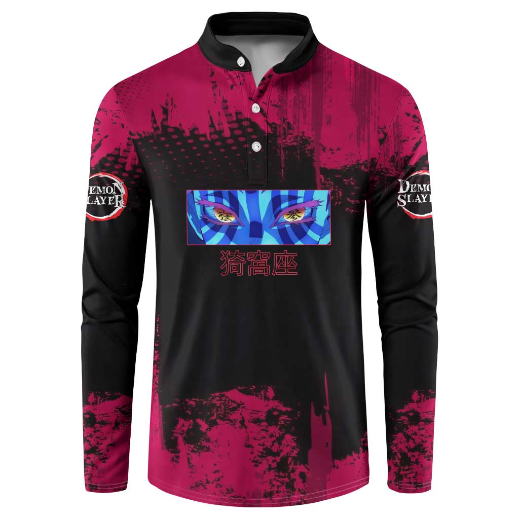 Akaza Demon Slayer Intense Eyes Design Button Sweatshirt with Red and Black Grunge Aesthetic and Dynamic Pose - The Mazicc
