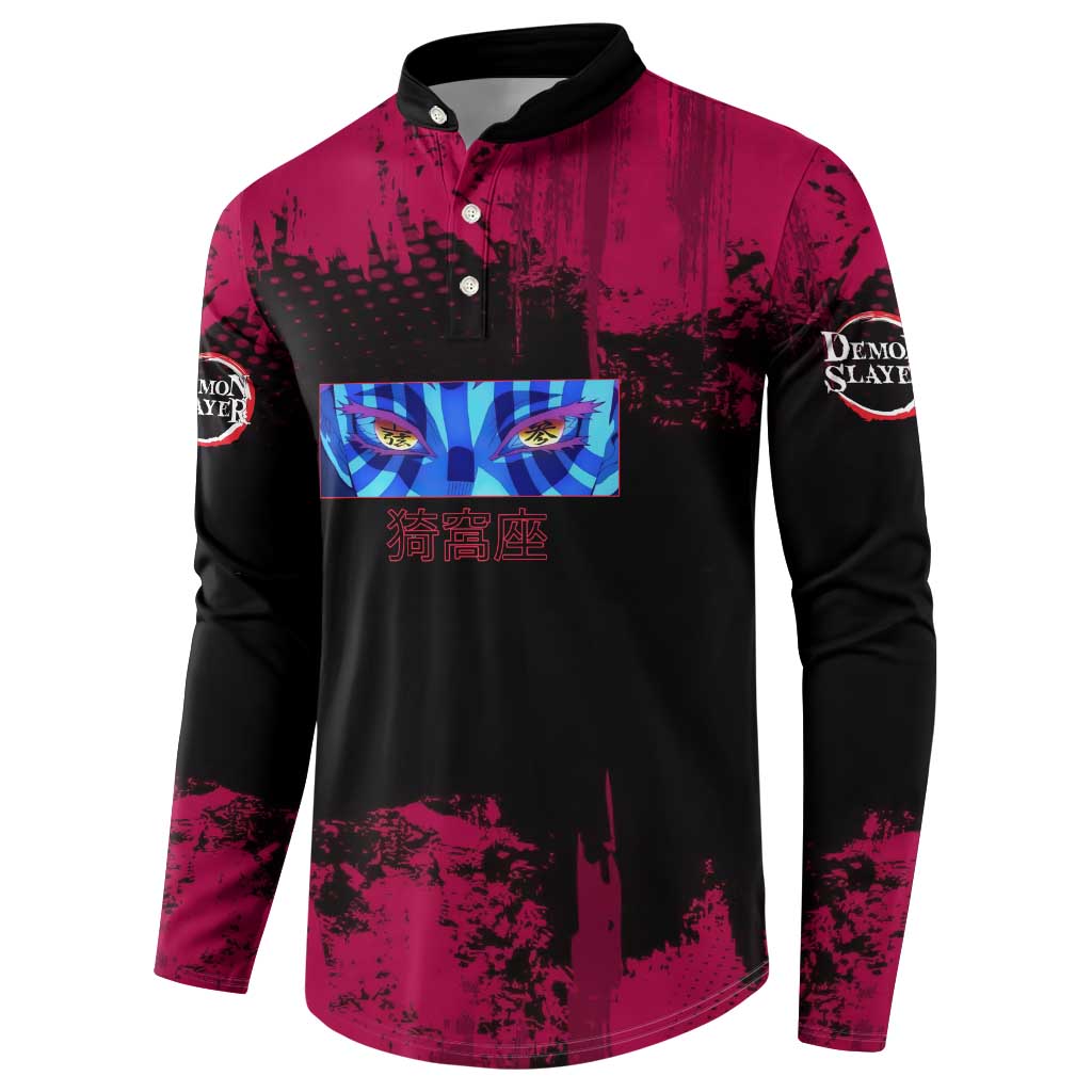 Akaza Demon Slayer Intense Eyes Design Button Sweatshirt with Red and Black Grunge Aesthetic and Dynamic Pose - The Mazicc