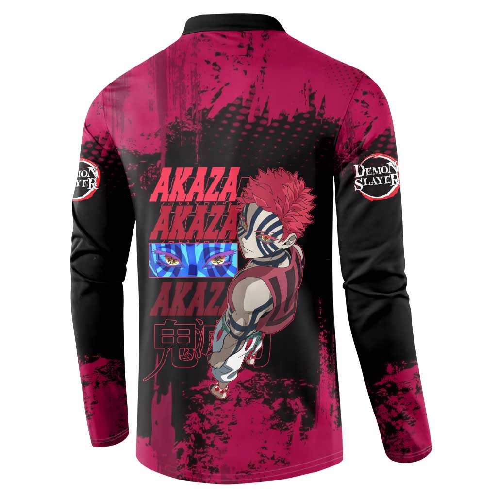 Akaza Demon Slayer Intense Eyes Design Button Sweatshirt with Red and Black Grunge Aesthetic and Dynamic Pose - The Mazicc