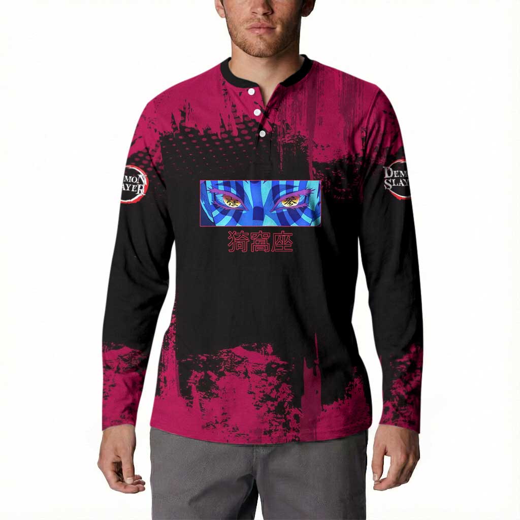 Akaza Demon Slayer Intense Eyes Design Button Sweatshirt with Red and Black Grunge Aesthetic and Dynamic Pose - The Mazicc