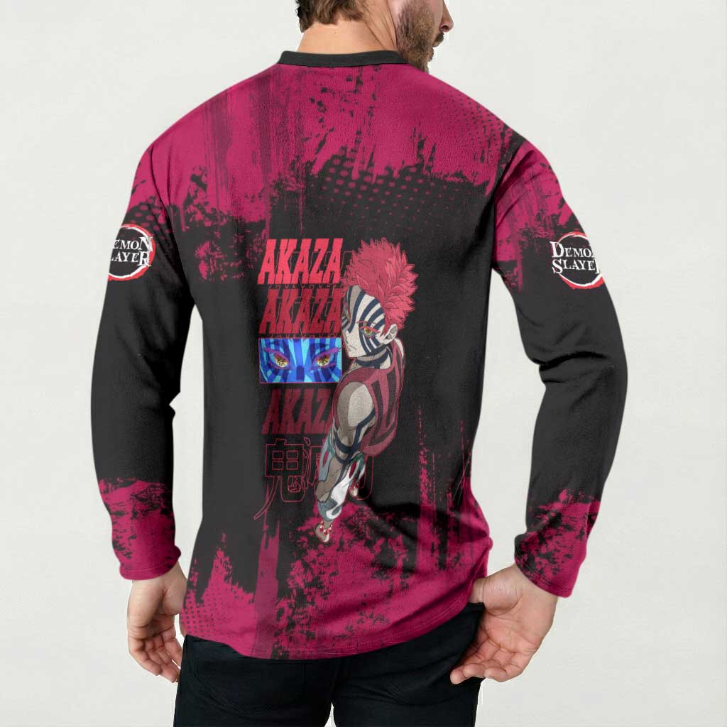 Akaza Demon Slayer Intense Eyes Design Button Sweatshirt with Red and Black Grunge Aesthetic and Dynamic Pose - The Mazicc
